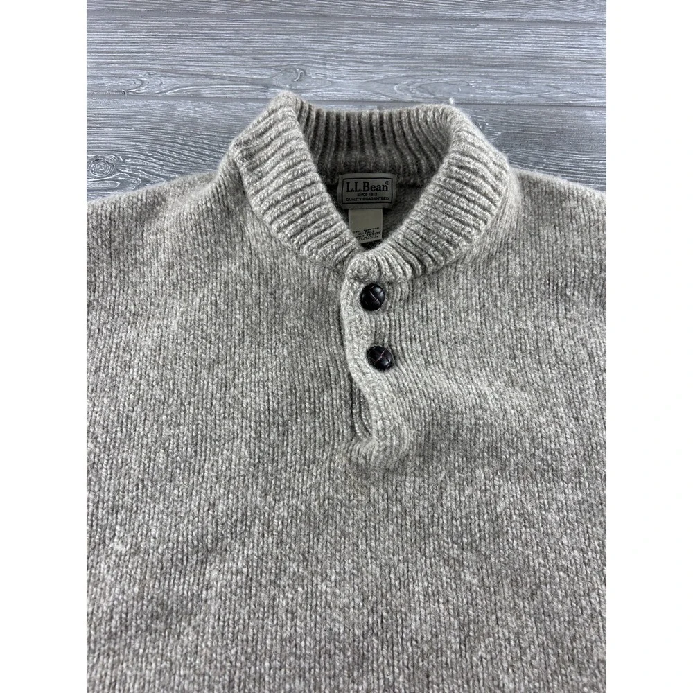 LL Bean Lambswool Henley Sweater Mens XL Tall Oatmeal Heather Mock Neck 285175
